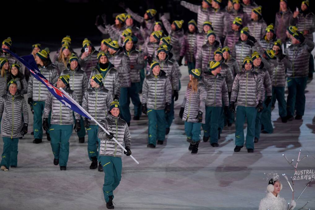 AUSTRALIAN ARRIVAL: Scotty James leads the Australian team into the stadium during the opening ceremony of the Pyeongchang 2018 Winter Olympic Games. Picture: AAP Image/Dan Himbrechts