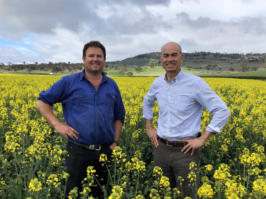 GOLDEN AGE: Farmer Geoge Gatenby (l) and Minister for Primary Industries and Water Guy Barnett inspect a canola crop at Epping Forest. Picture: Supplied