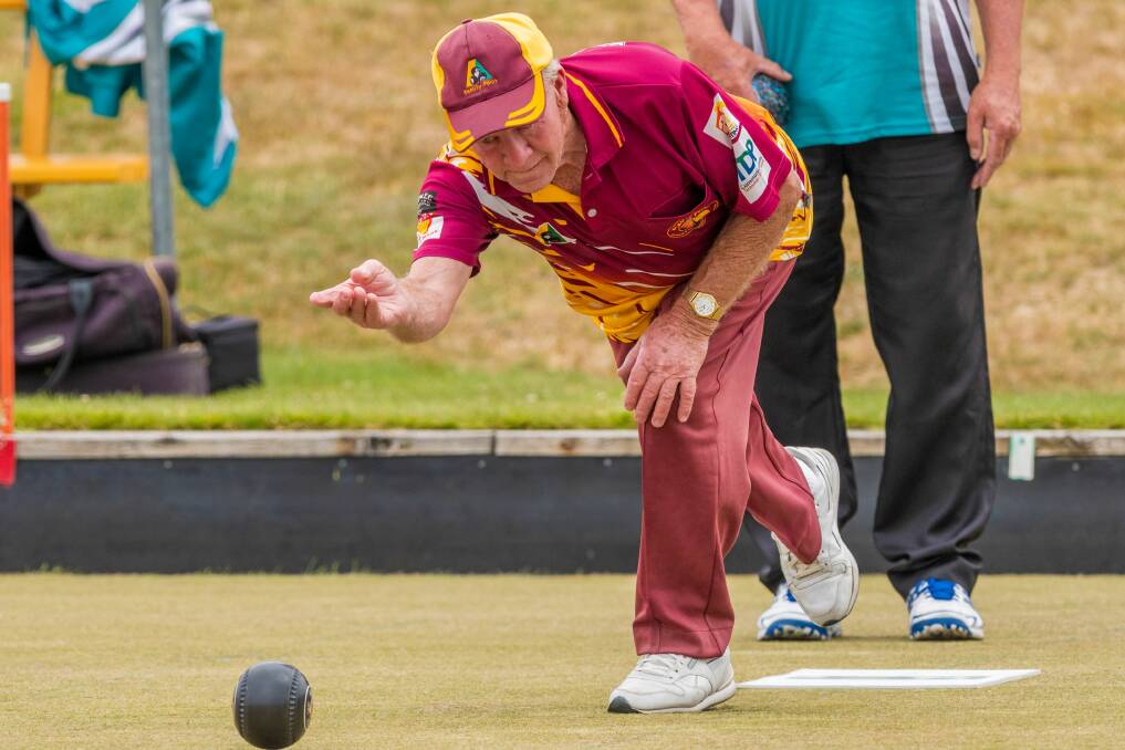 STYLE: Beauty Point bowler Bruce Howard takes his shot in the game against Cosgrove Park at Cosgrove Park. Picture: Phillip Biggs The Examiner