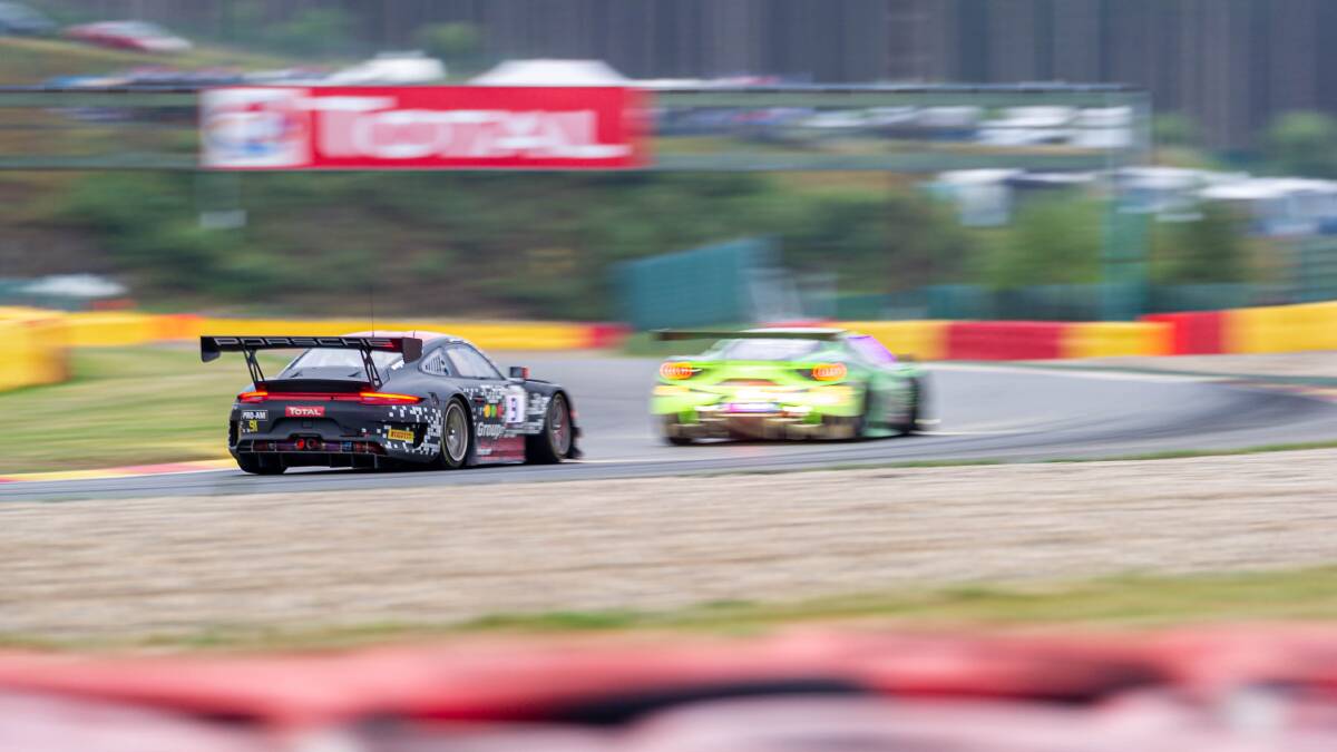 HOT PURSUIT: The Herbert Motorsport 911 GT3 R chases the Rinaldi Racing Ferrari 488 GT3 in the 2019 24-hour Spa-Francorchamps. The Australian 12-hour round hits Bathurst in three weeks.
