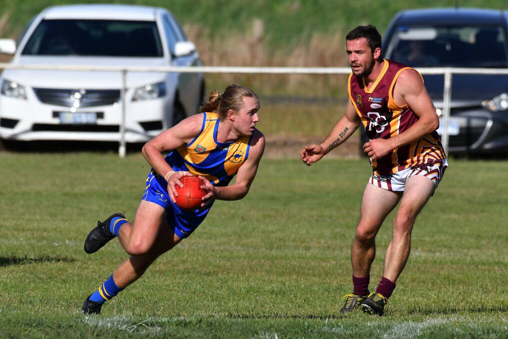 DOMINANCE: Wesley Vale's Liam Rockliff powers through the centre of the ground during the match against Spreyton. The Vale racked up 132 points to Spreyton's 51. Picture: Brodie Weeding.
