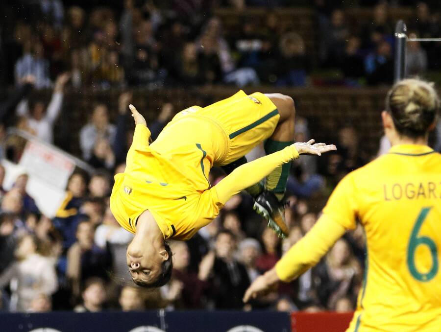 Matildas' excitement machine Sam Kerr celebrates after scoring a goal during the second match against Brazil. Picture: AAP Image/Darren Pateman 