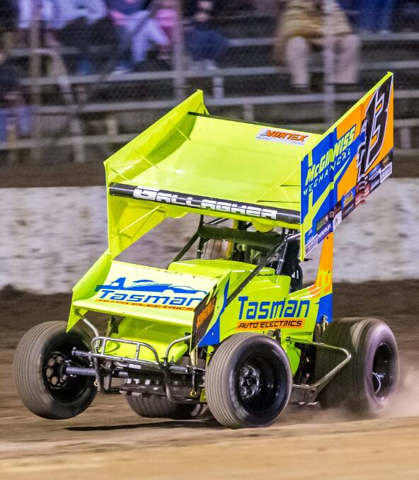 DOWN AND DIRTY: Chris Gallagher will be fired up for victory this weekend in Latrobe but he has to get through 15 other sprintcars. Picture: Angryman Photography.