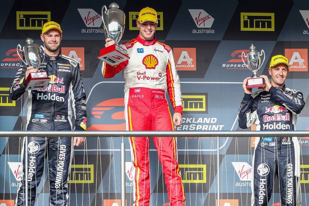 CONTROVERSY: Second-placed Shane van Gisbergen of Red Bull (left) with first-placed Scott McLaughlin of Shell V-Power Racing Team and Red Bull's Jamie Whincup  who took third in New Zealand. Picture: AAP Image/David Rowland