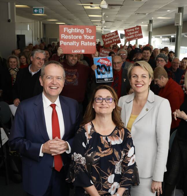 Campaign launch: Opposition leader Bill Shorten and deputy leader Tanya Plibersek with Labor Braddon candidate Justine Keay. Picture: supplied.