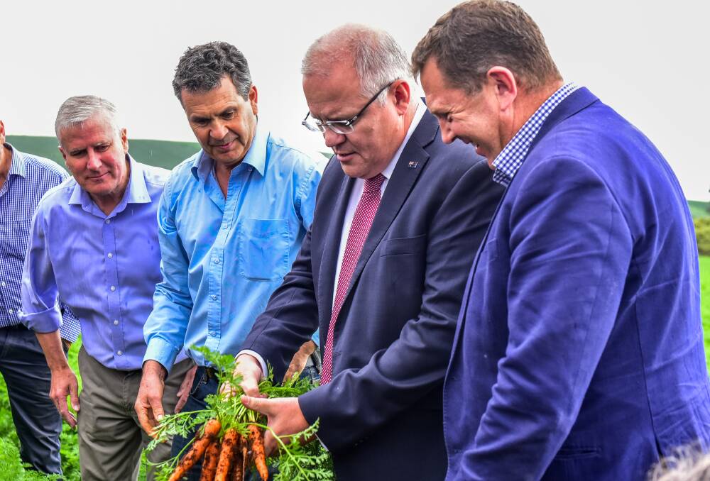 FERTILE SOIL: Forthside farmer Jim Ertler shows off his carrot crop to Prime Minister Scott Morrison, with Nationals Leader Michael McCormack (left) and Liberals candidate Gavin Pearce admiring. Picture: Neil Richardson