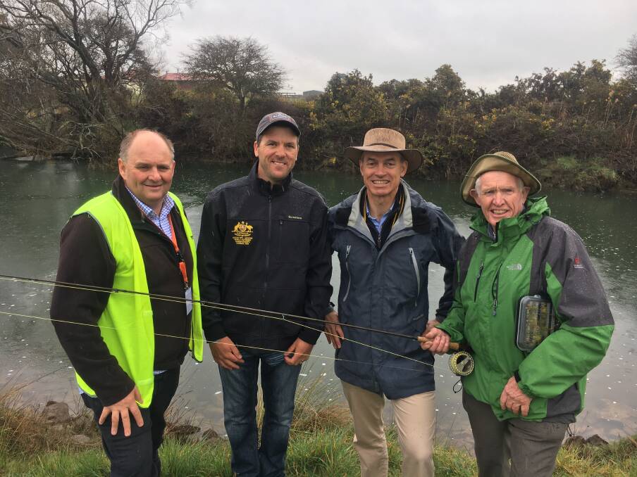 DAY ON THE BANK: Richard Goss, Jonathan Stagg, Guy Barnett and Malcolm Crosse at the 2017 Tasmanian Trout Expo at Cressy on Saturday. Picture: Supplied
