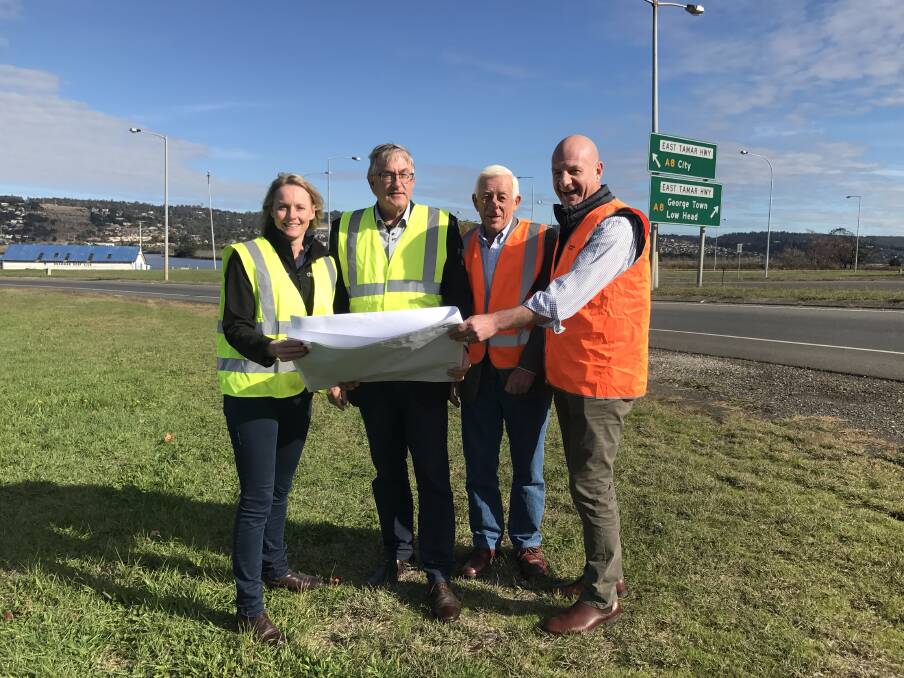 Bass Liberal MHA Sarah Courtney, Infrastructure Minister Rene Hidding, Alderman Robin McKendrick and Treasurer Peter Gutwein at the East Tamar Hwy and Mowbray Connector junction.