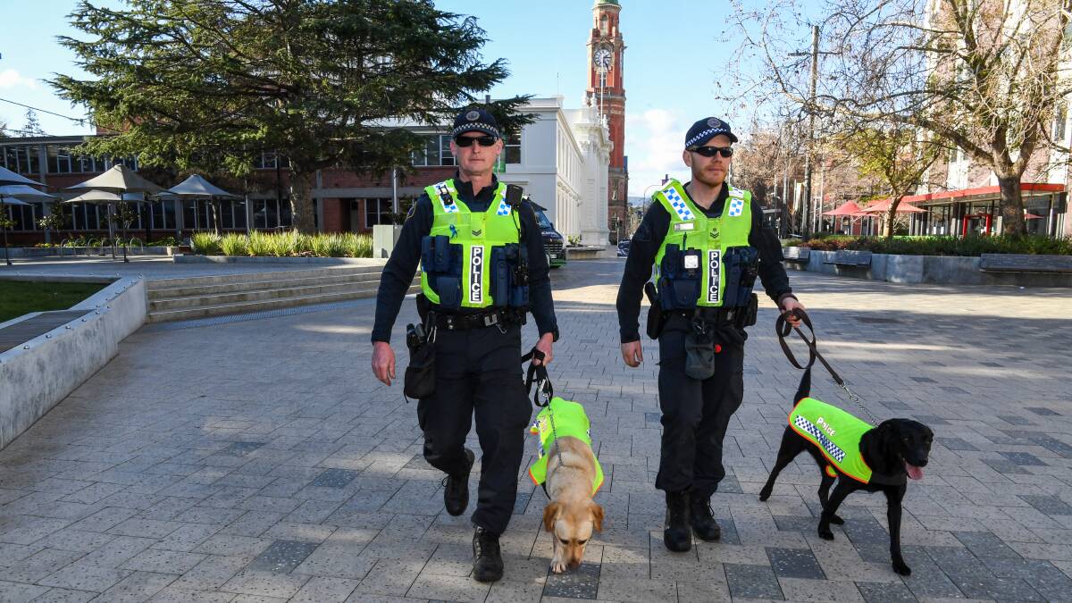ON THE BEAT: Senior Constables Will Flynn and Josh Partridge with P.D Quinn and P.D Aggie in Launceston. Pictures: Neil Richardson 