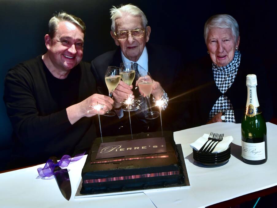 Rohan Birchmore with Pierre and Helen Lecompte celebrating 60 years of Pierre's Launceston. Picture: Neil Richardson.