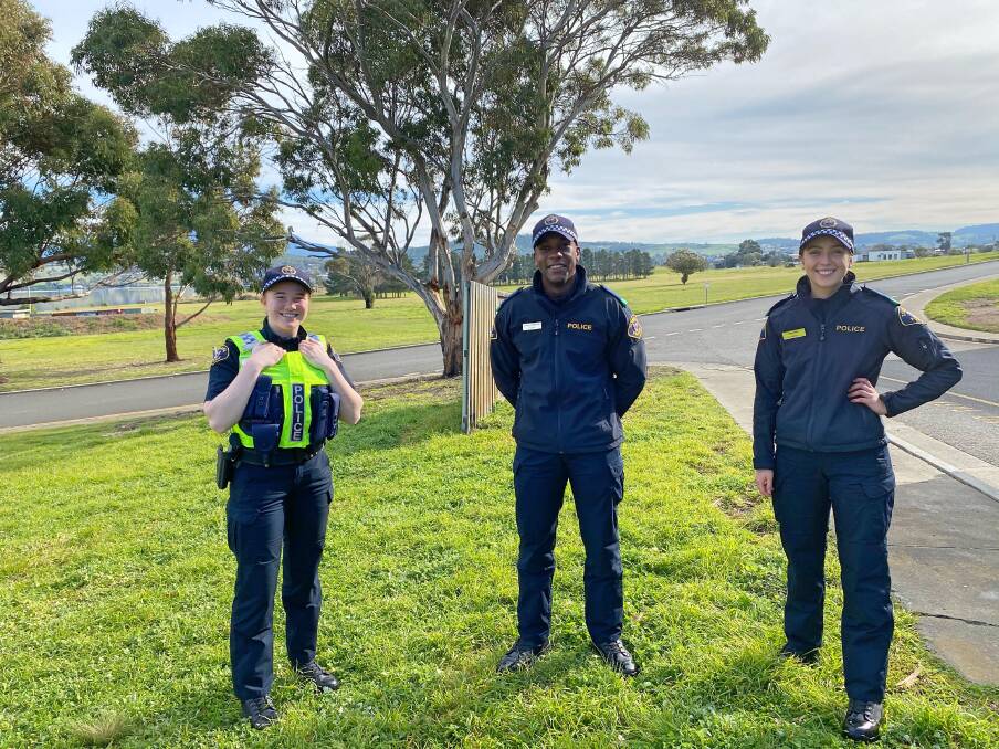 TEST RUN: Future graduates Nicole Brown, Jonathan Bonnelame and Lucy Barr are encouraging potential recruits to go behind the scenes at the Tasmania Police Academy. Picture: supplied