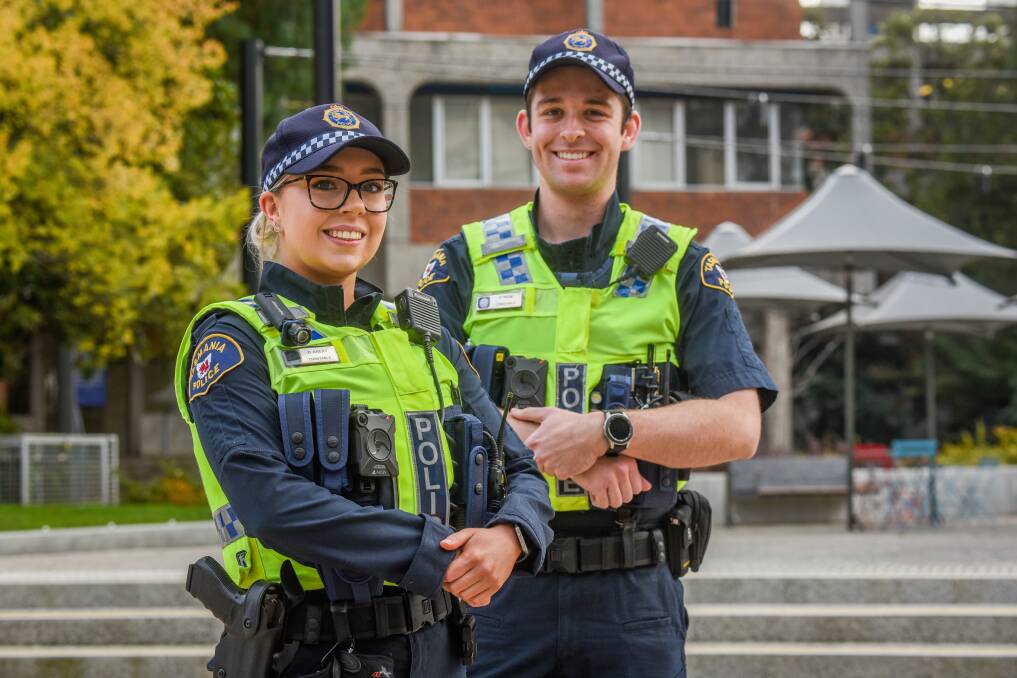 ON THE BEAT: Constable Danielle Abery and Constable Connor Pask are two of Launceston's more recent recruits. Picture: Paul Scambler