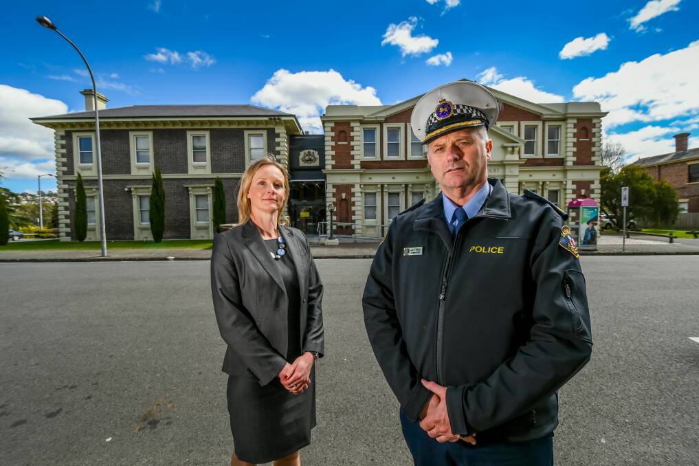 COPS IN COURT: Bass Liberal MHA Sarah Courtney with Tasmania Police Northern Commander Brett Smith discussing the state government's plan to remove police from the Launceston Supreme Court. Picture: Phillip Biggs