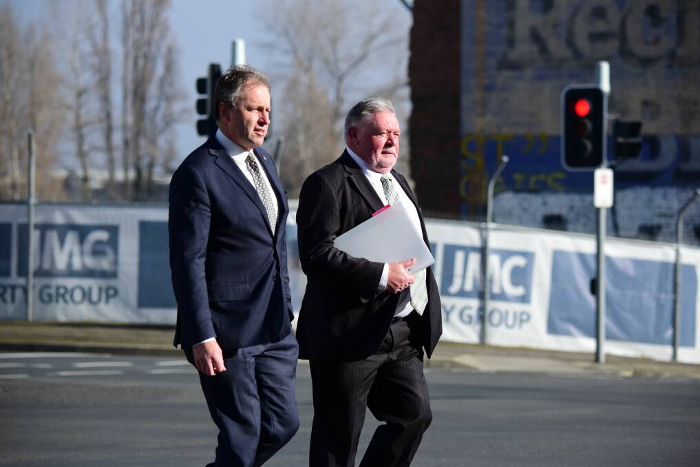 COURT DATE: Launceston deputy mayor Rob Soward heading to court with lawyer Tim Ellis on Tuesday. Pictures: Paul Scambler