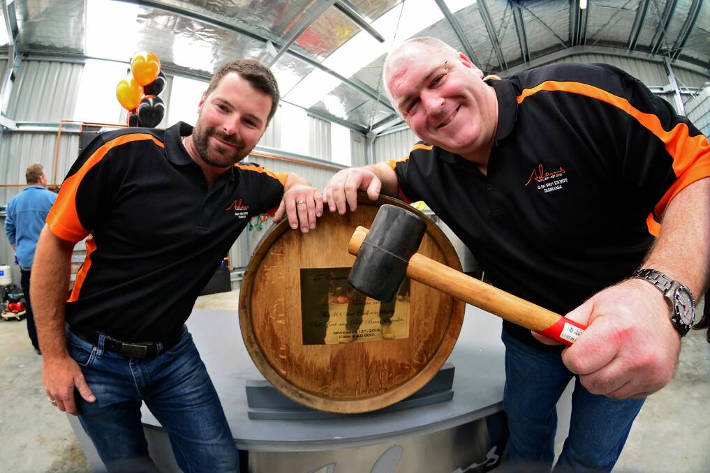 Adam's Distillery founders Adam Saunders and Adam Pinkard at their official opening day on Sunday. Picture: Phillip Biggs