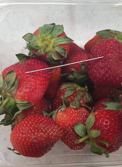 A thin piece of metal seen among a punnet of strawberries in Queensland. (AAP Image/Queensland Police) 