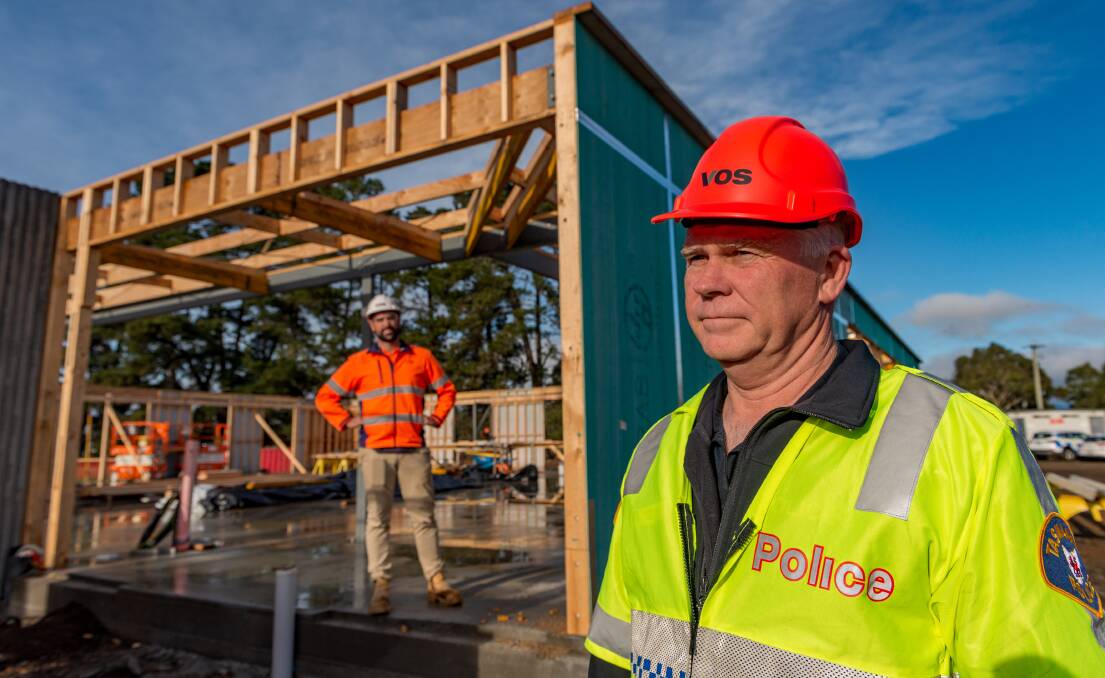 ON THE JOB: Tasmania Police Inspector Scott Flude and VOS site manager Dylan Walker at the Longford Station construction site. Picture: Phillip Biggs