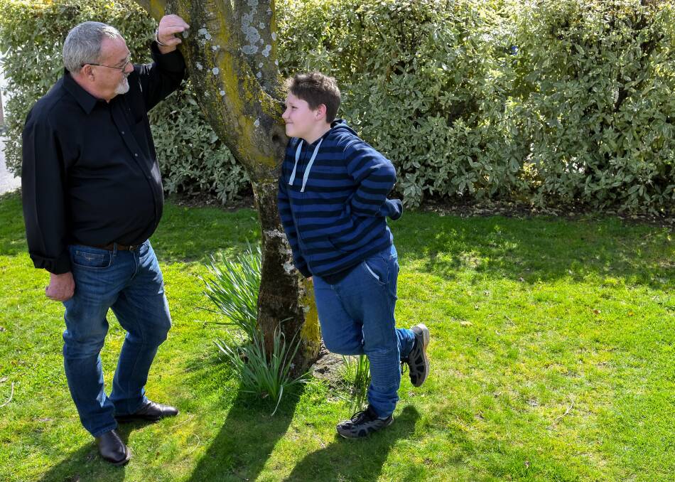 FIRST IMPRESSIONS: Former Constable Leigh Bailey meets 11-year-old Bailey Price, whose father tragically drowned at Longford in 2006, while his mum was pregnant with him. Mr Bailey was an officer involved in the case and the Price family has "never forgotten him". Pictures: Scott Gelston
