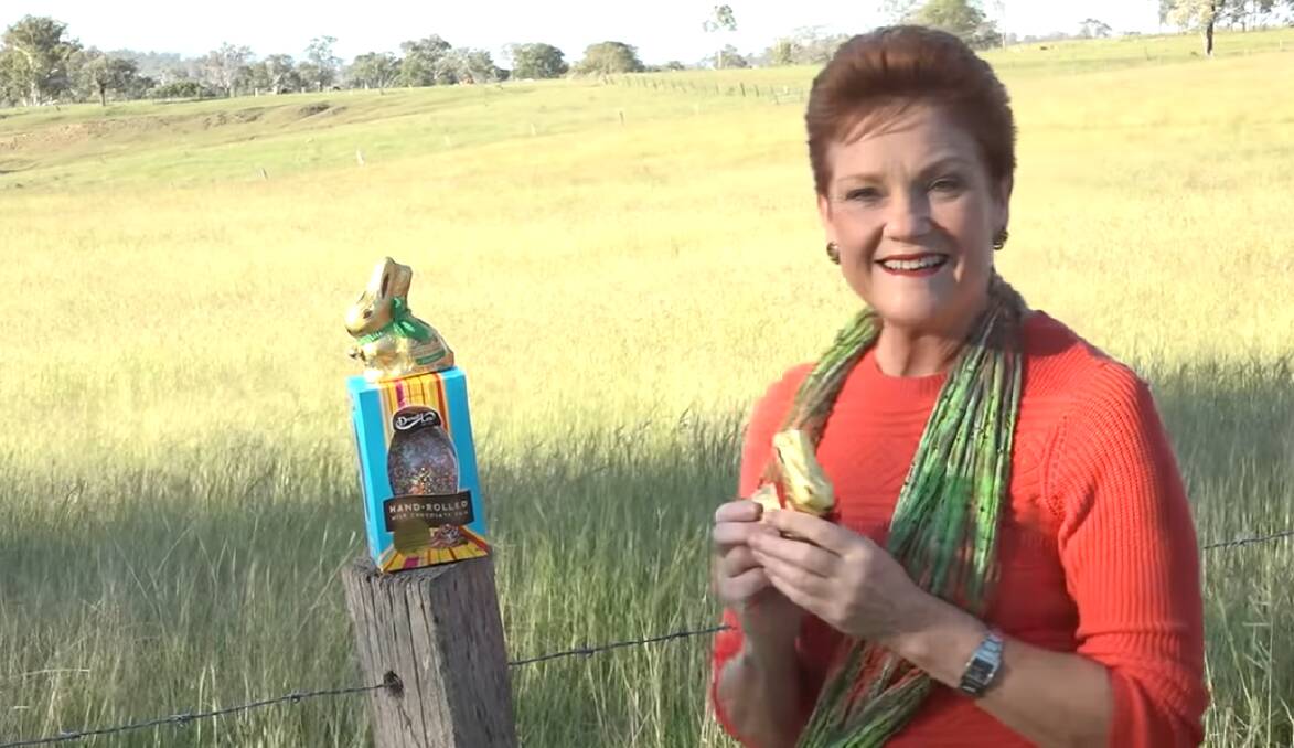 A screenshot from Senator Pauline Hanson's video calling on Australians not to purchase Cadbury Easter eggs. Picture: Pauline Hanson's Please Explain/Facebook 