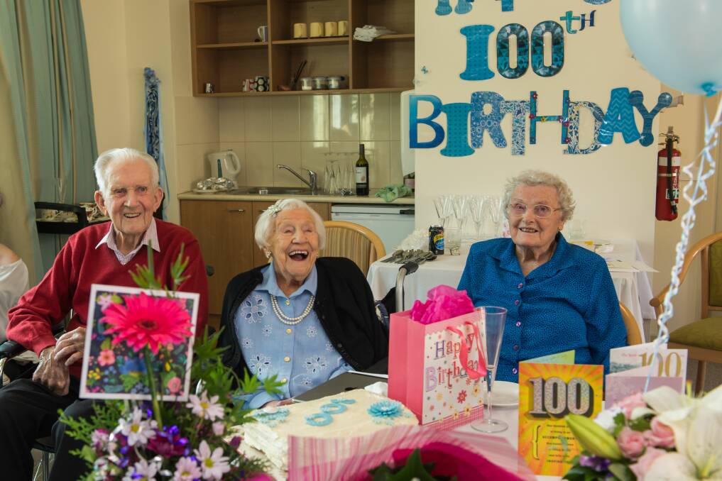 SANDHILL CENTENARIAN CLUB: 100-year-old Jack Laver, Gladys Hammond, who celebrated her 100th birthday on Thursday, and Mary Pierce, 102, at Sandhill aged care facility in South Launceston. Picture: Phillip Biggs