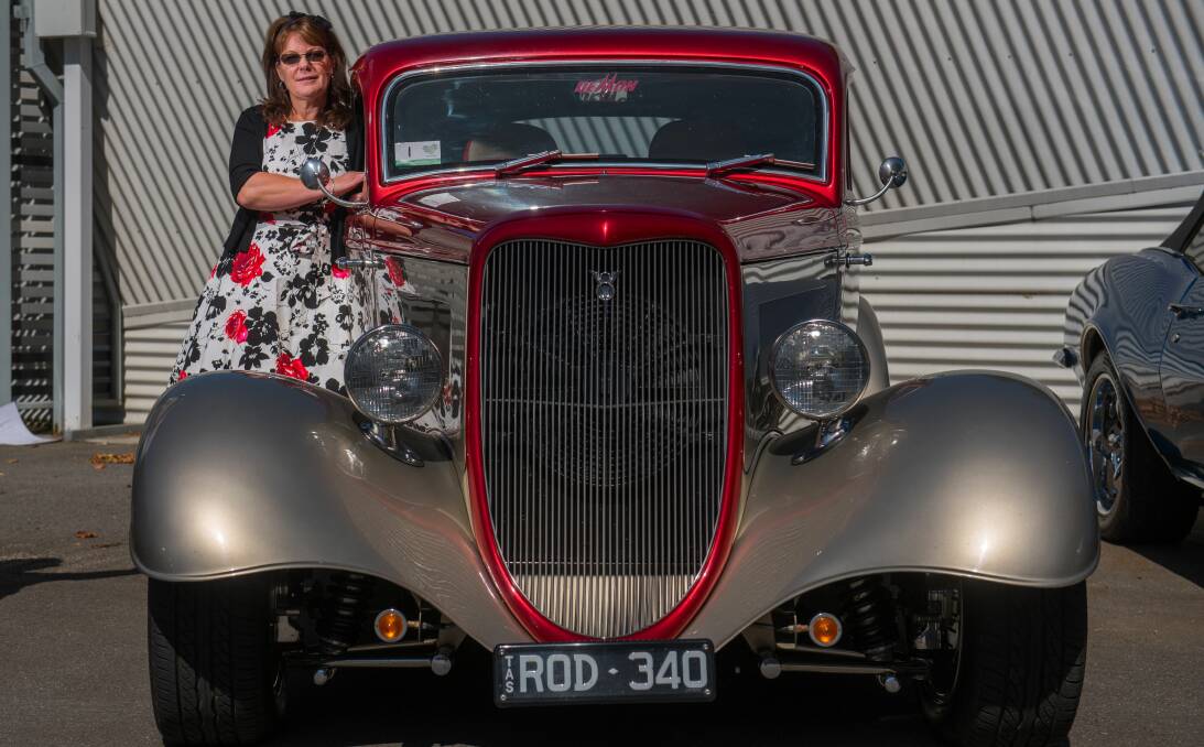 CLASSIC: Vicki Bellinger showcases her 1934 Ford Tudor at USA Day at UTAS Stadium. More than 70 owners entered their vehicles into the competition. Picture: Scott Gelston. 