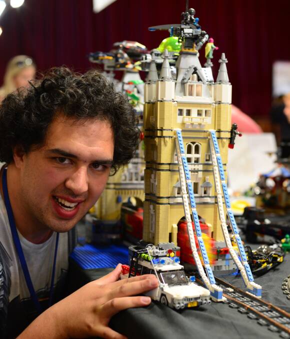 A TALL TOWER: Jesse Albert, of Hobart, with his Lego version of London's Tower Bridge. Picture: Phillip Biggs