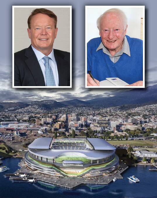 Former premier Robin Gray (right) and son Ben. Pictured is an artist's impression of the new stadium at Hobart's Regatta Point. The preferred location is now Macquarie Point.