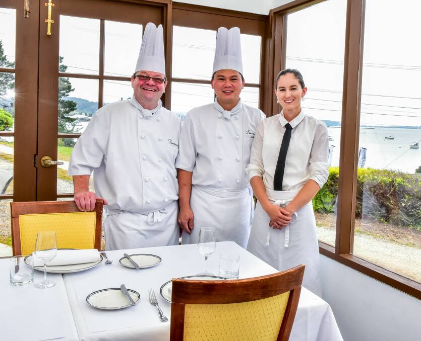 Chefs and owners Stefaan Codron and Jonathan Wong with Rhiannon Kok at their St Helens restaurant, Furneaux. Picture: Neil Richardson
