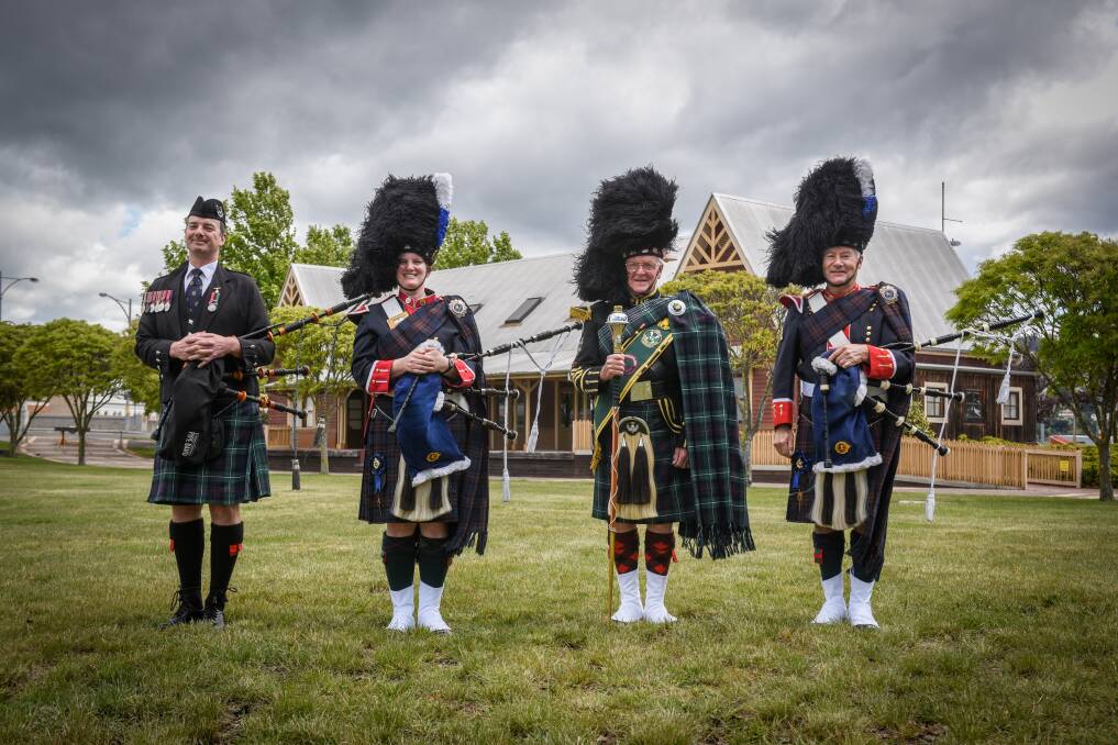 REMEMBRANCE: St Andrews Caledonian Pipe Band Pipe Major John Ralph, Tasmania Police Pipe Band's Gaynor Spriggs, St Andrews Caledonian Pipe Band Drum Major Peter Scales, and Tasmania Police Pipe Band's Geoff Watson. Picture: Paul Scambler.