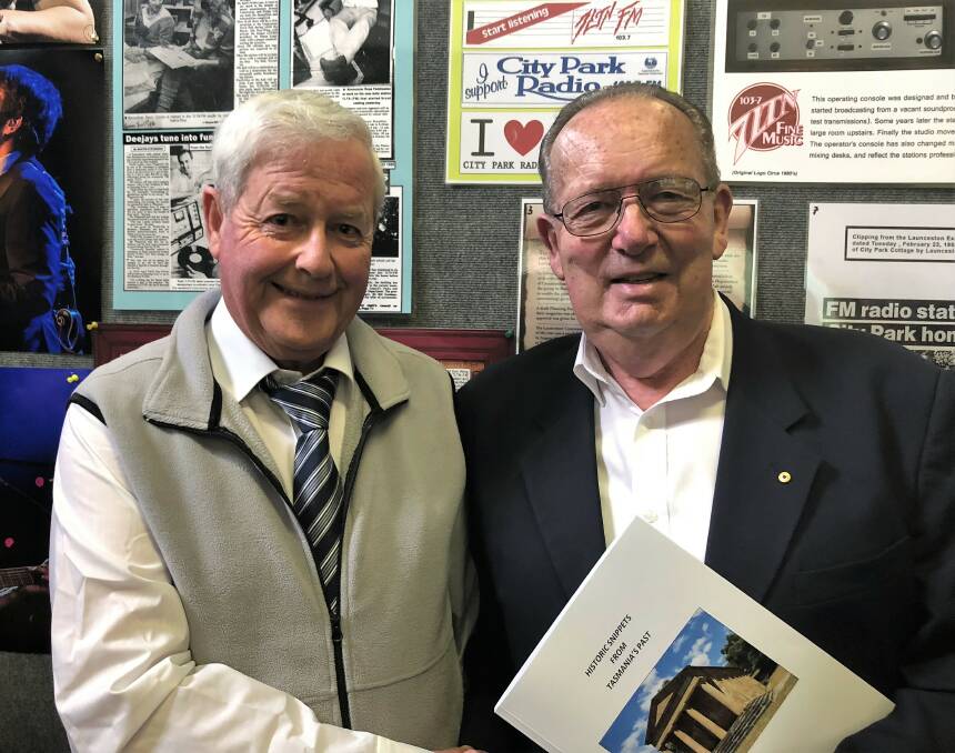 HISTORIC SNIPPETS: Reg Watson and Dr Frank Madill at City Park Radio for the launch of Watson's latest book, Historic Snippets from Tasmania’s Past. Picture: Kasey Wilkins