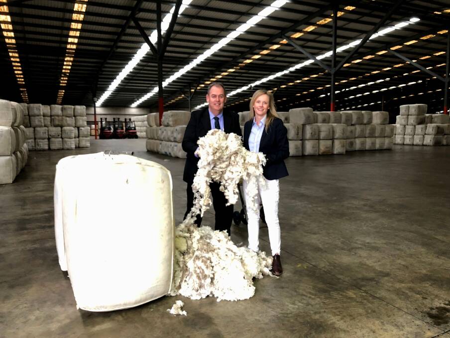 TASMANIAN MADE: Roberts' wool manager Stewart Raine with Primary Industries minister Sarah Courtney. Picture: Kasey Wilkins