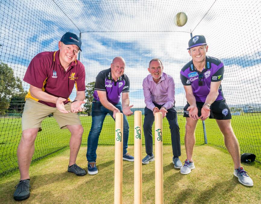 CATCH: MCC's Wayne Richardson, Cricket Tasmania's Nick Cummins, mayor Albert van Zetten, and cricketer George Bailey. Picture: Phillip Biggs