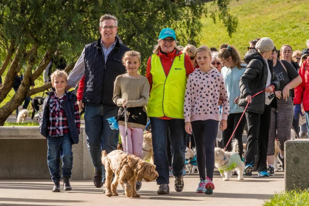 LEADING: City of Launceston aldermen Simon Wood and Rosemary Armitage with Alexander Wood, Gabi Birrell, Tilly the dog, and Lucy Wood. Picture: Phillip Biggs