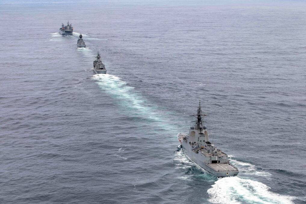 HMA Ships Sirius, Arunta, Stuart and Hobart unite off the east coast of Australia. Picture: Defence Media