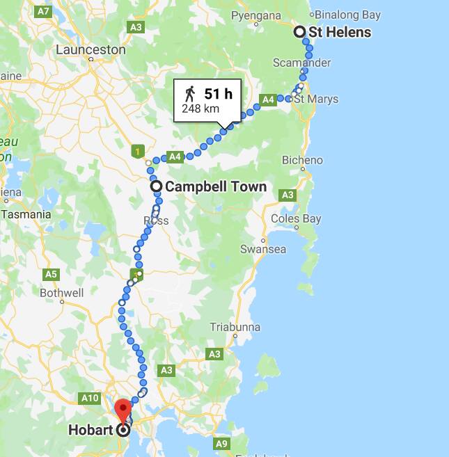 Nathan Arandale will walk from Hobart to St Helens. Picture: Google Maps