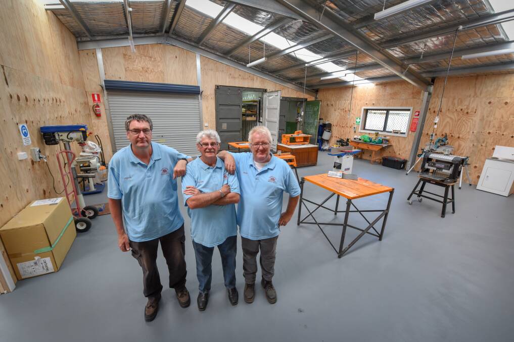 OURS: Jason Hayes, Trevor Hughes, and Richard Bowerman of Men's Bizz in their new shed at Rocherlea. Picture: Paul Scambler
