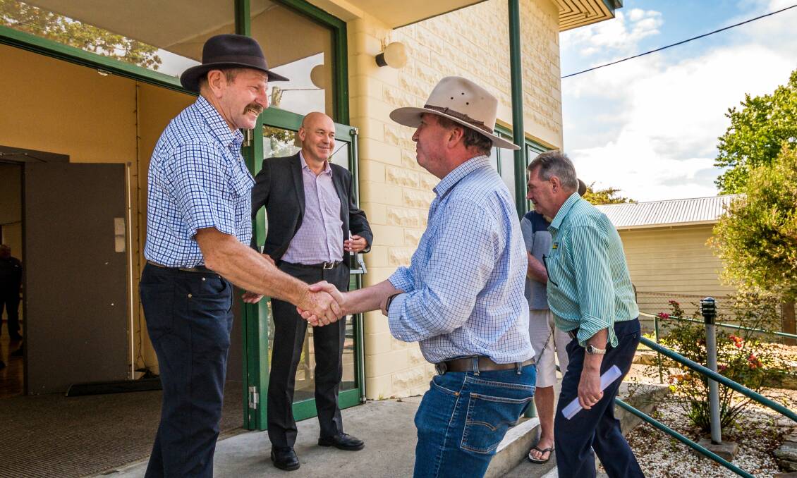 Break O'Day mayor Mick Tucker and general manager John Brown greet Nationals MP Barnaby Joyce and Tasmanian Nationals senator Steve Martin. Picture: Phillip Biggs