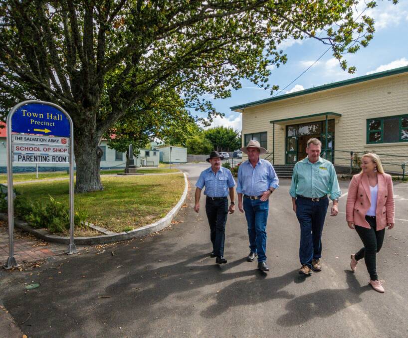 Break O'Day mayor Mick Tucker, Nationals MP Barnaby Joyce, Nationals senator Steve Martin, and Lyons Liberal candidate Jessica Whelan at St Marys. Picture: Phillip Biggs