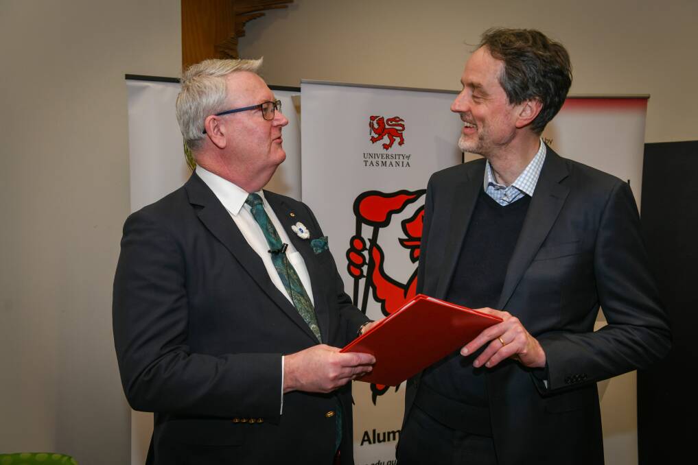 INTEGRITY: Ethics Centre executive director Simon Longstaff AO with University of Tasmania vice-chancellor Rufus Black. Picture: Paul Scambler