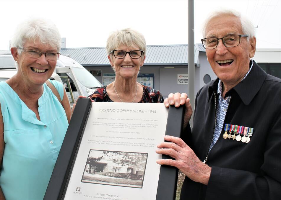 LOOKING TO THE PAST: Bicheno Community Development Association president Jenny Logie, Sallie Brockman, and Brian Winspear AM with one of the newly installed historical plaques at Bicheno. Picture: Barbara Townsend