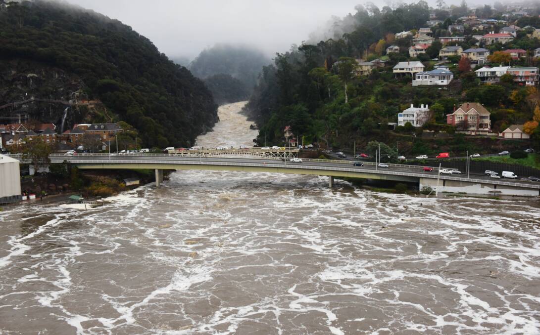 TORRENT: Large water flows down the Cataract Gorge during June's floods. The flooding was the worst in recent decades and removed masses of silt from the Tamar estuary. Picture: Paul Scambler.