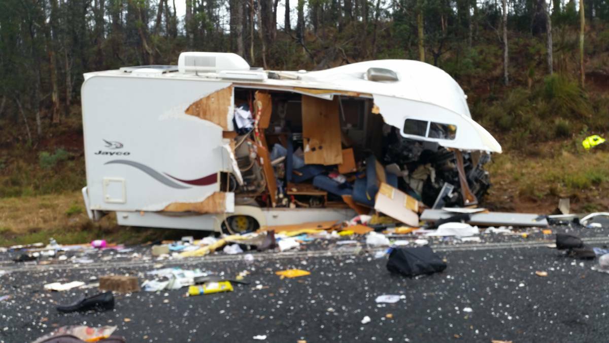 The Wrights' Jayco motorhome following the crash involving Phillip Allan Woodforde on the Frankford Highway in January. Picture: Tasmania Police