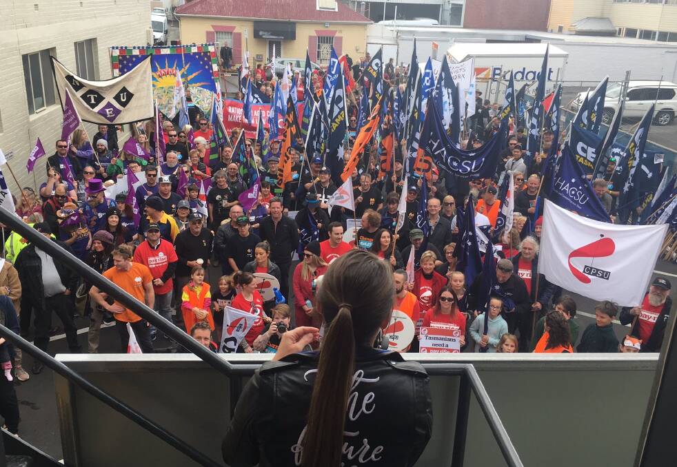 RALLY: Hundreds of Tasmanian workers and supporters rally for a pay rise in Hobart on Sunday. Photo: Supplied.