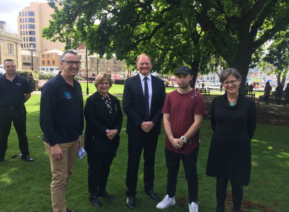 CONFRONTING: Colony 47 chief Danny Sutton, Labor's Alison Standen, Minister Roger Jaensch, youth survey participant Kyle Robottom and Green's Cassy O'Connor united to tackle youth poverty. Picture: Sue Bailey
