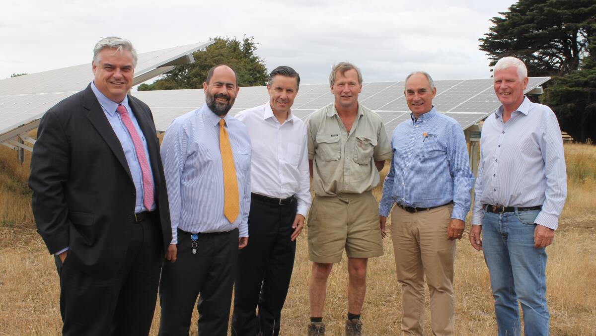 
FARMERS' POWER: Brian Mitchell, Ross Hart, Mark Butler, Roderic O’Connor (farm owner), Mark Barnett (Agrienergy Alliance) and David Downie. Picture: Supplied.