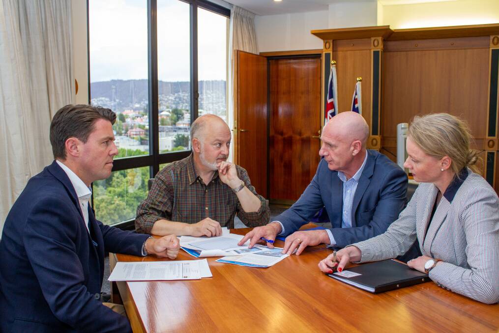 PLANNING: Senator Jonno Duniam, Dr Mark Veitch, Premier Peter Gutwein and Health Minister Sarah Courtney meet in Hobart to discuss the latest on the coronavirus. Picture: Supplied.