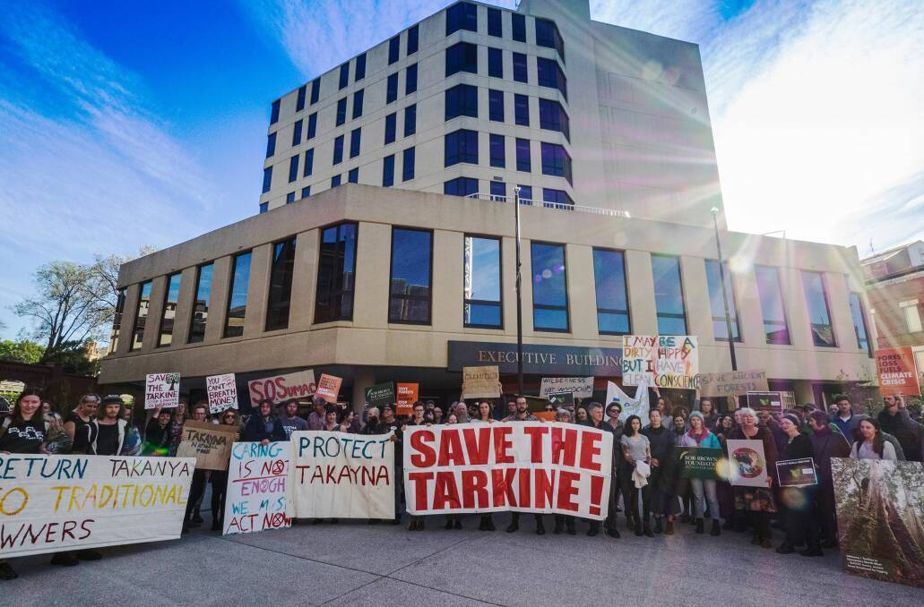 TARKINE: Protesters gathered outside the executive building in Hobart on Monday morning. Picture: supplied.