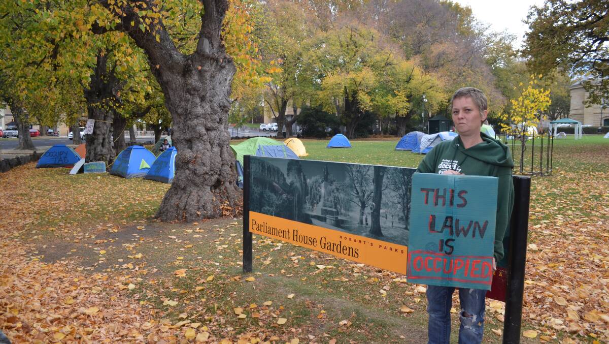 Homeless Tasmanian Pixie Skitenjal says her group will not be moved from the lawns of  Parliament House. Photo: Matt Maloney.