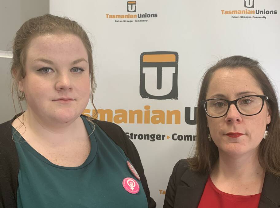 INJURED: CPSU delegate Katie Holmstrom and Unions Tasmania secretary Jessica Munday talk about the ACTU survey. Picture: Supplied.