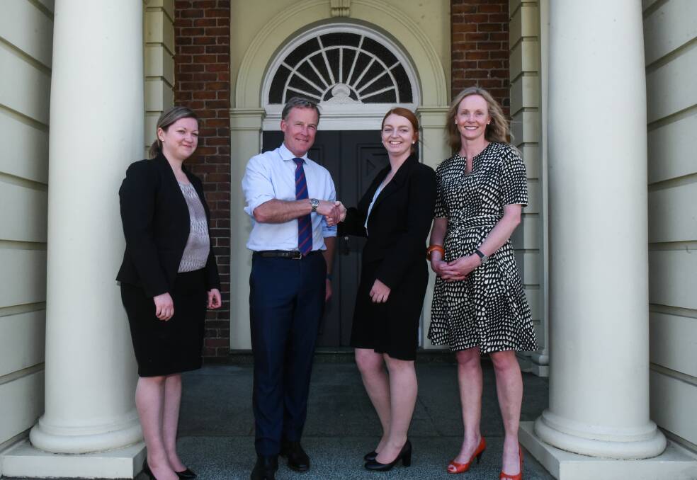 WLST principal lawyer Donna Semmens, Premier Will Hodgman, solicitor Claire Milligan and Bass Liberal MHA Sarah Courtney. Picture: Neil Richardson
